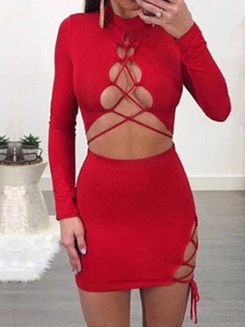 Sexy Cross Bandage Hollow Out Elastic Slim Bodycon Dress for Women Evening Club Party